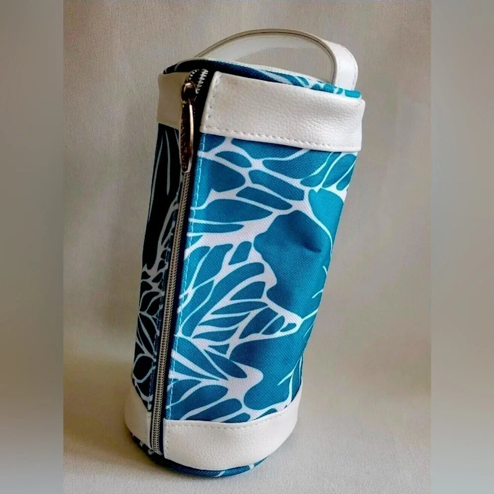 Lancome Round Makeup Bag Travel/Cosmetic Bag Case Small Teal & White Zip